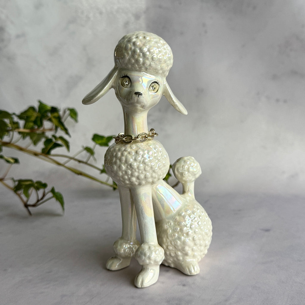 Iridescent Ceramic Poodle Figurine with Rhinestone Eyes