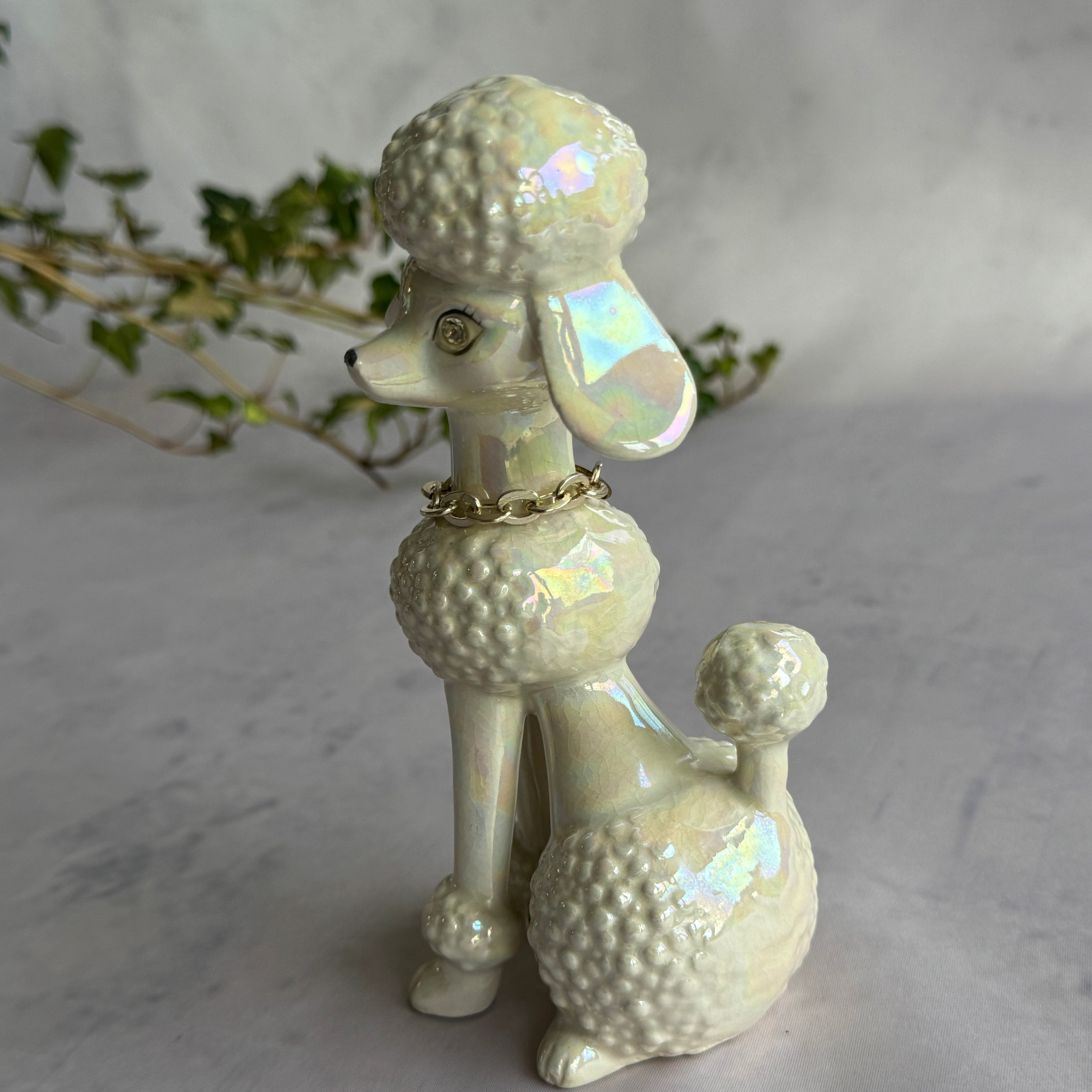 Iridescent Ceramic Poodle Figurine with Rhinestone Eyes