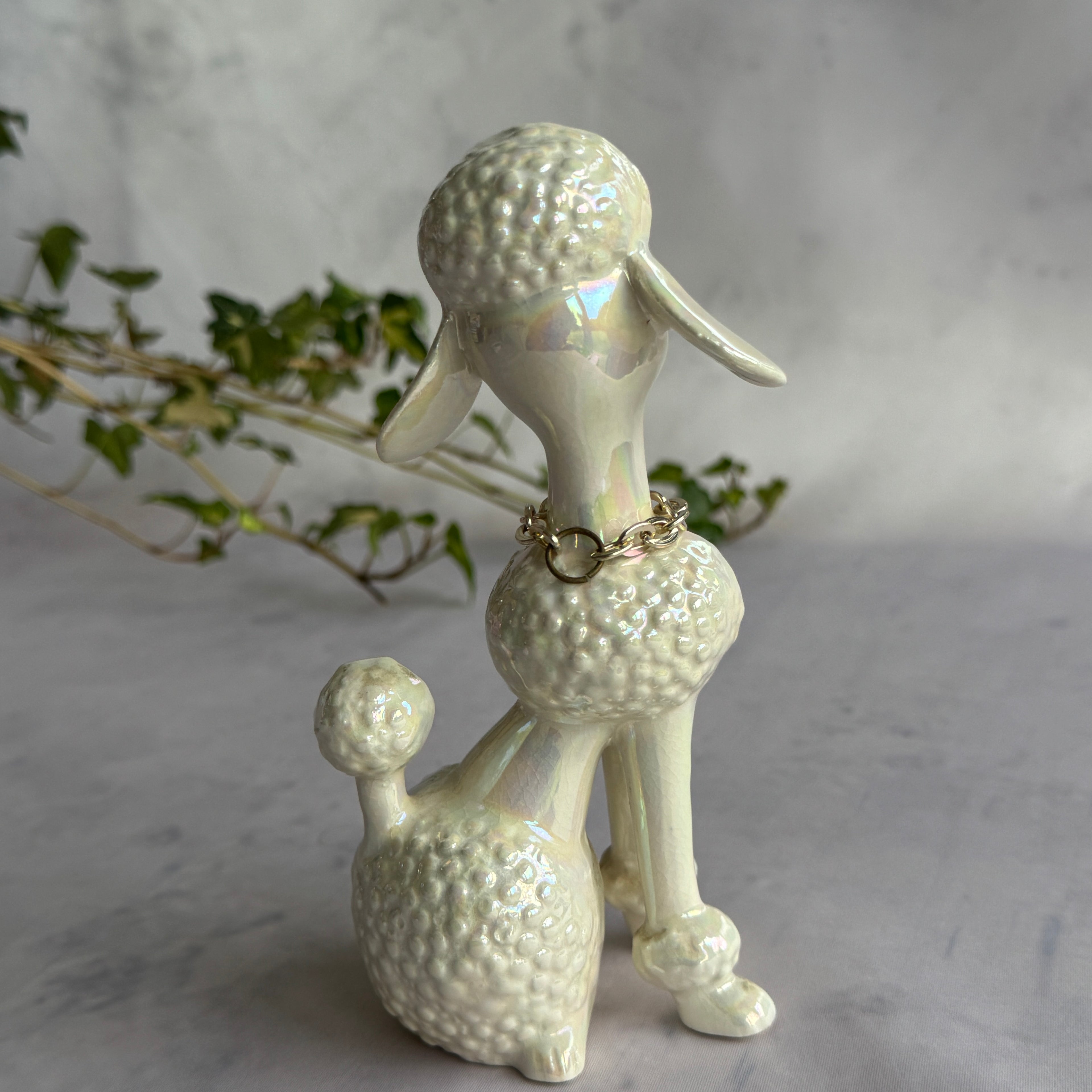 Iridescent Ceramic Poodle Figurine with Rhinestone Eyes