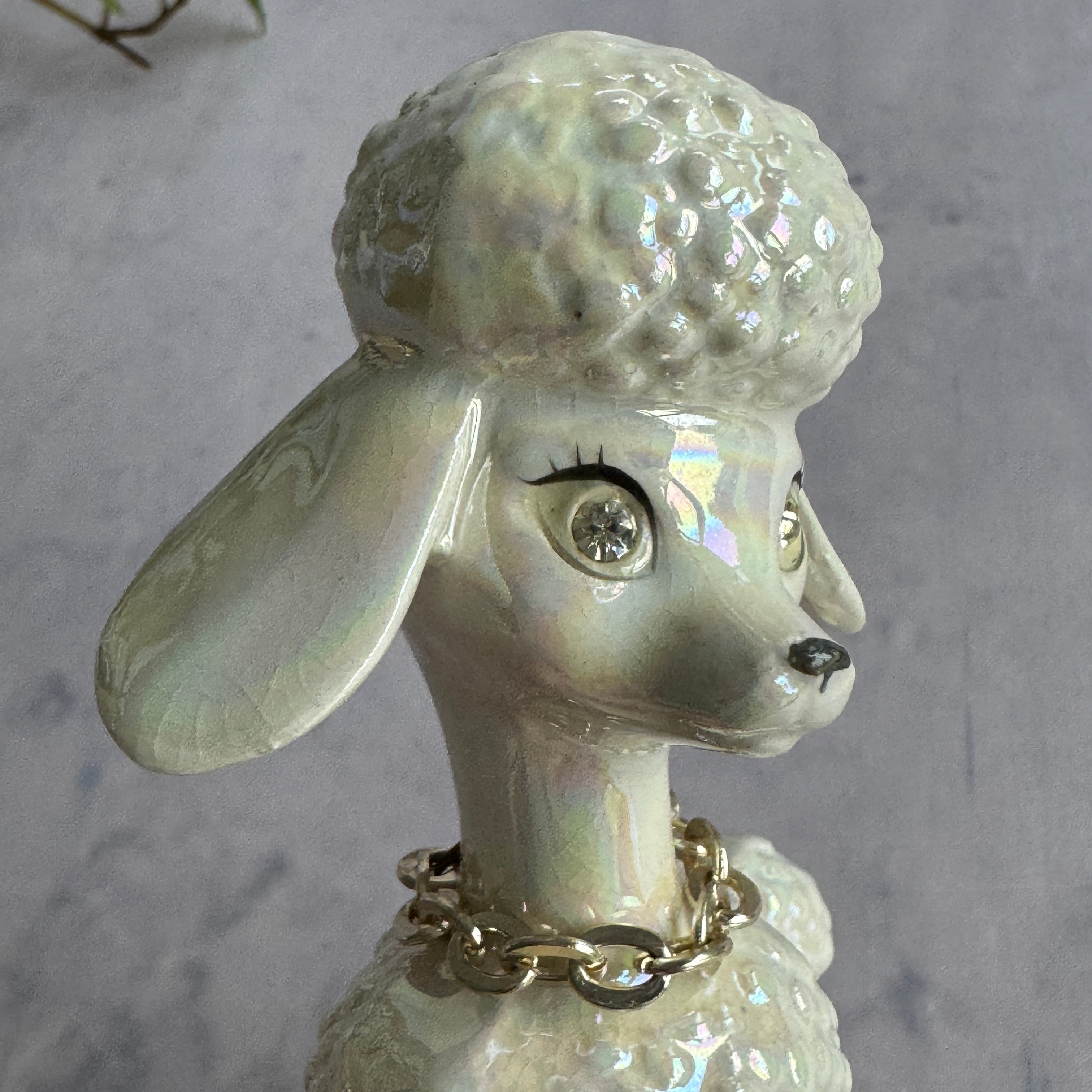 Iridescent Ceramic Poodle Figurine with Rhinestone Eyes