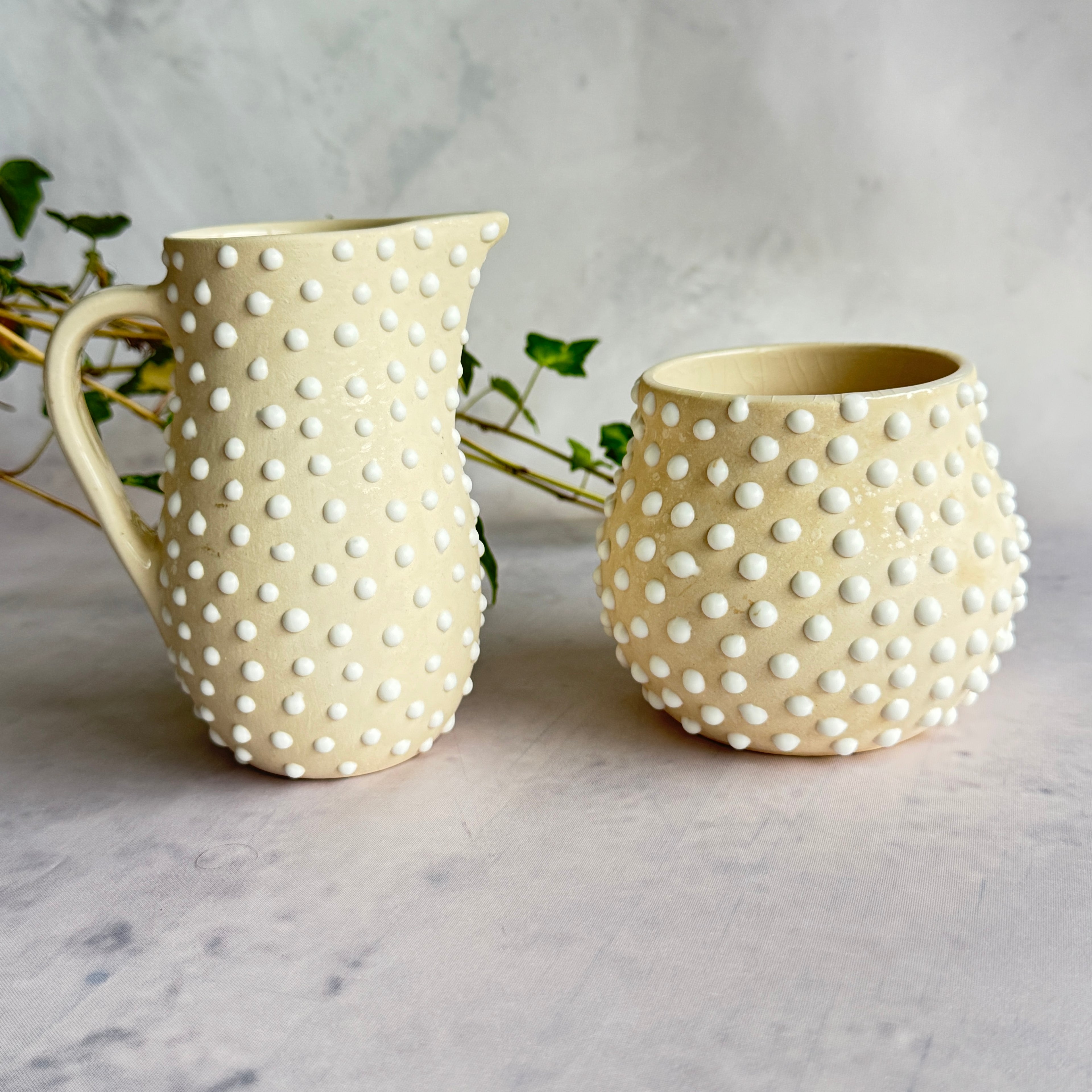 Tallinna Kunstkeraamika Baltic Pearl Ceramic Creamer & Vessel Set, Handmade Estonian Pottery