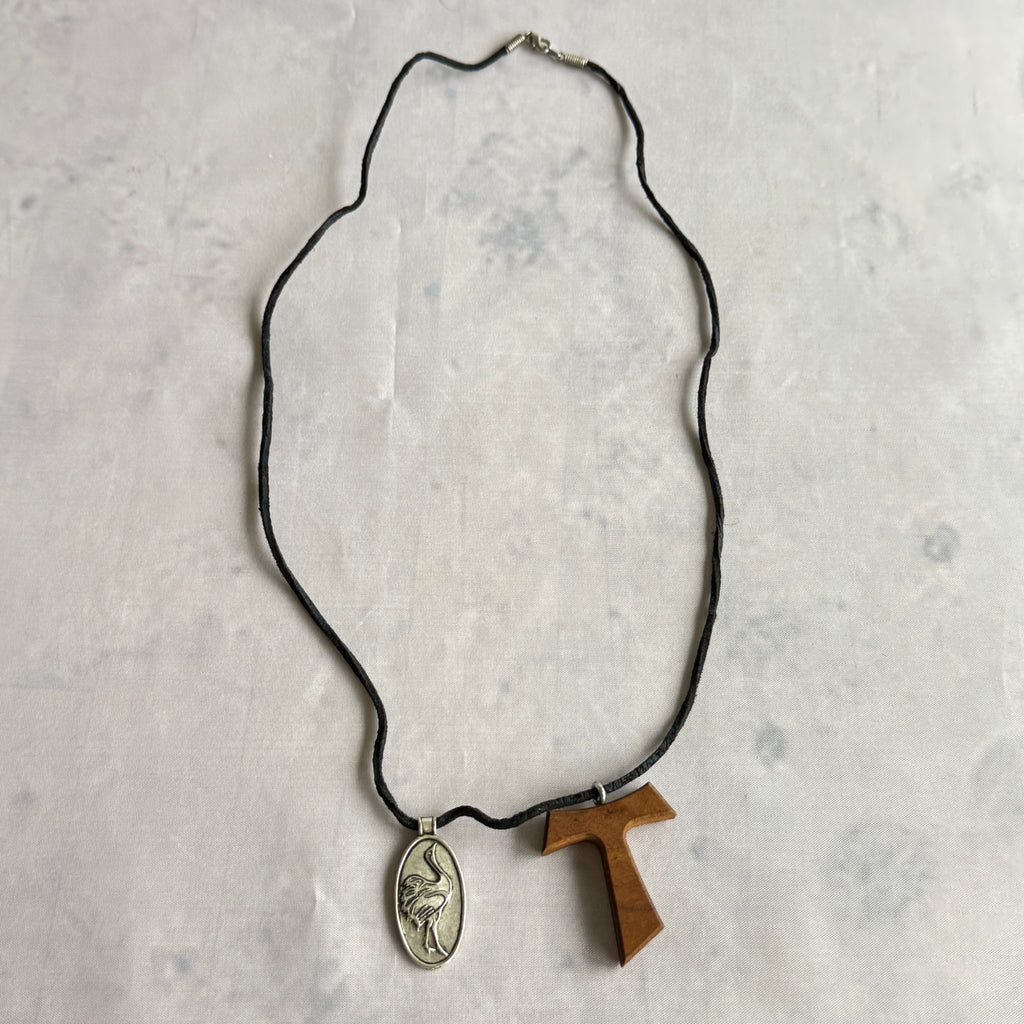Signed Artisan Crane Heron Bird & Wood Pendant Necklace – Modernist Statement Jewelry