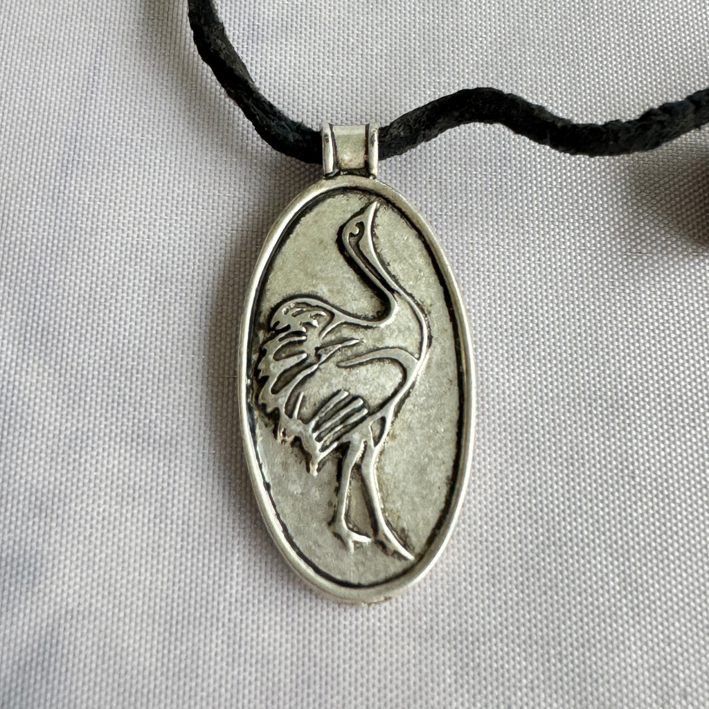 Signed Artisan Crane Heron Bird & Wood Pendant Necklace – Modernist Statement Jewelry