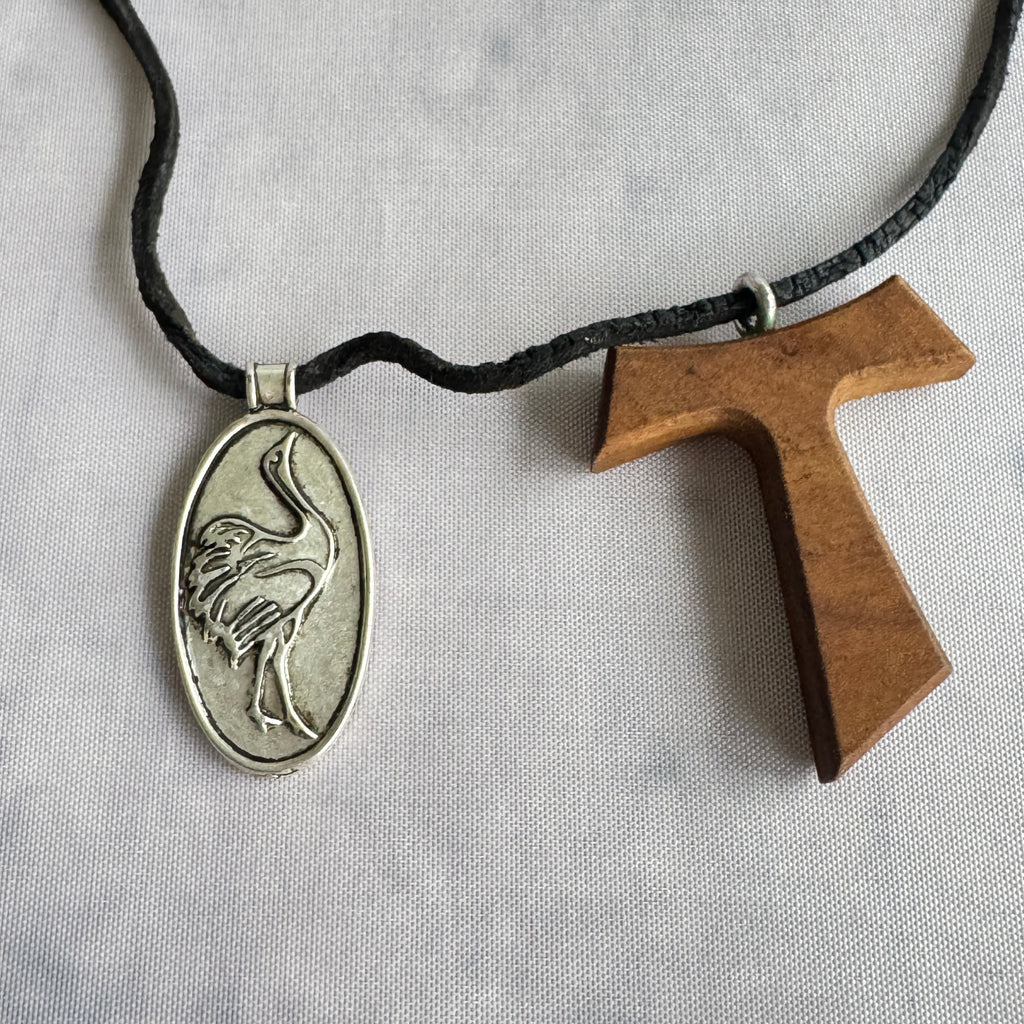 Signed Artisan Crane Heron Bird & Wood Pendant Necklace – Modernist Statement Jewelry