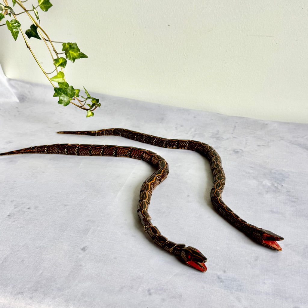 Vintage Articulated Wooden Snakes – Pair of Jointed Folk Art Sculptures