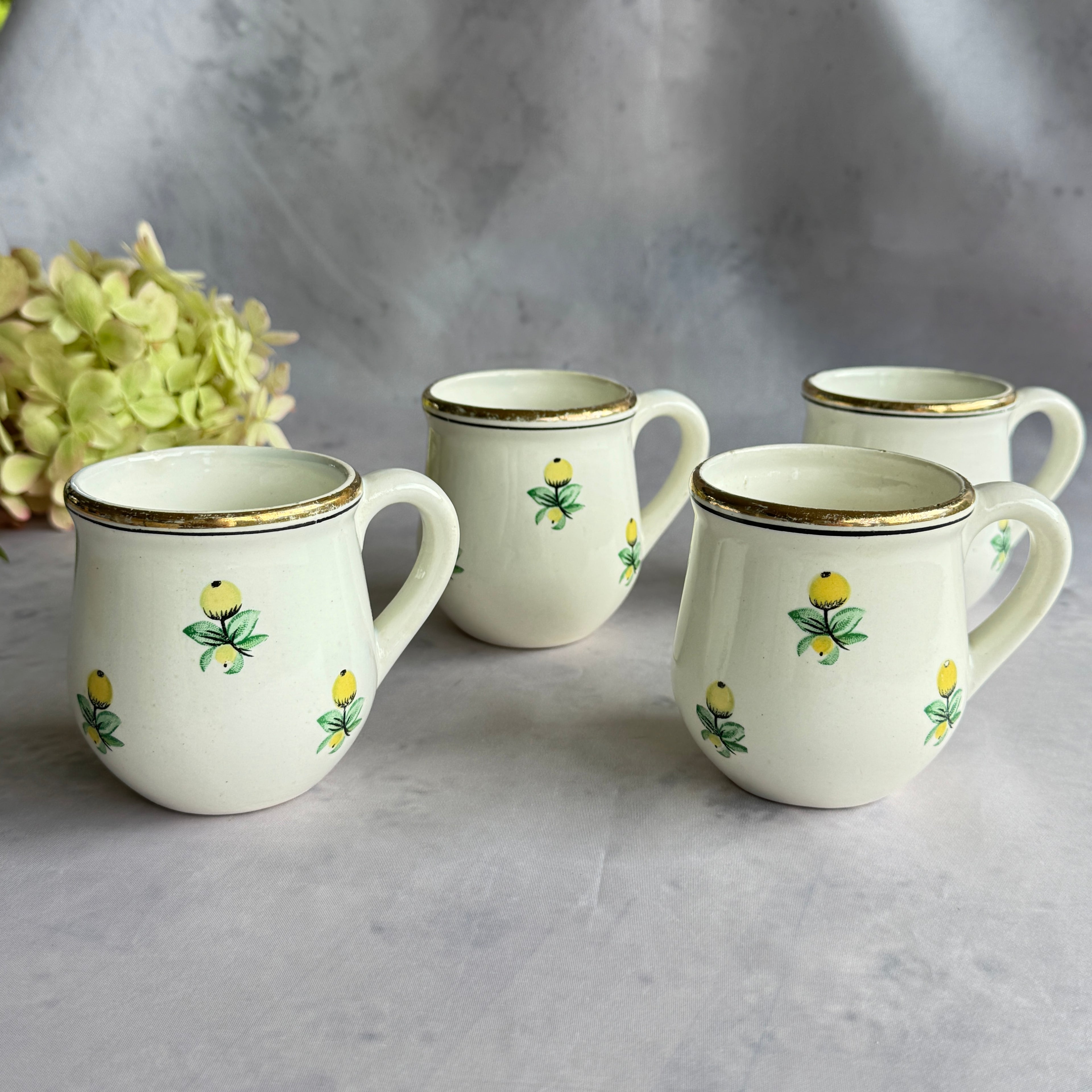 Budy Faience Lemon Cups Set of 4, Vintage Ukrainian Mugs