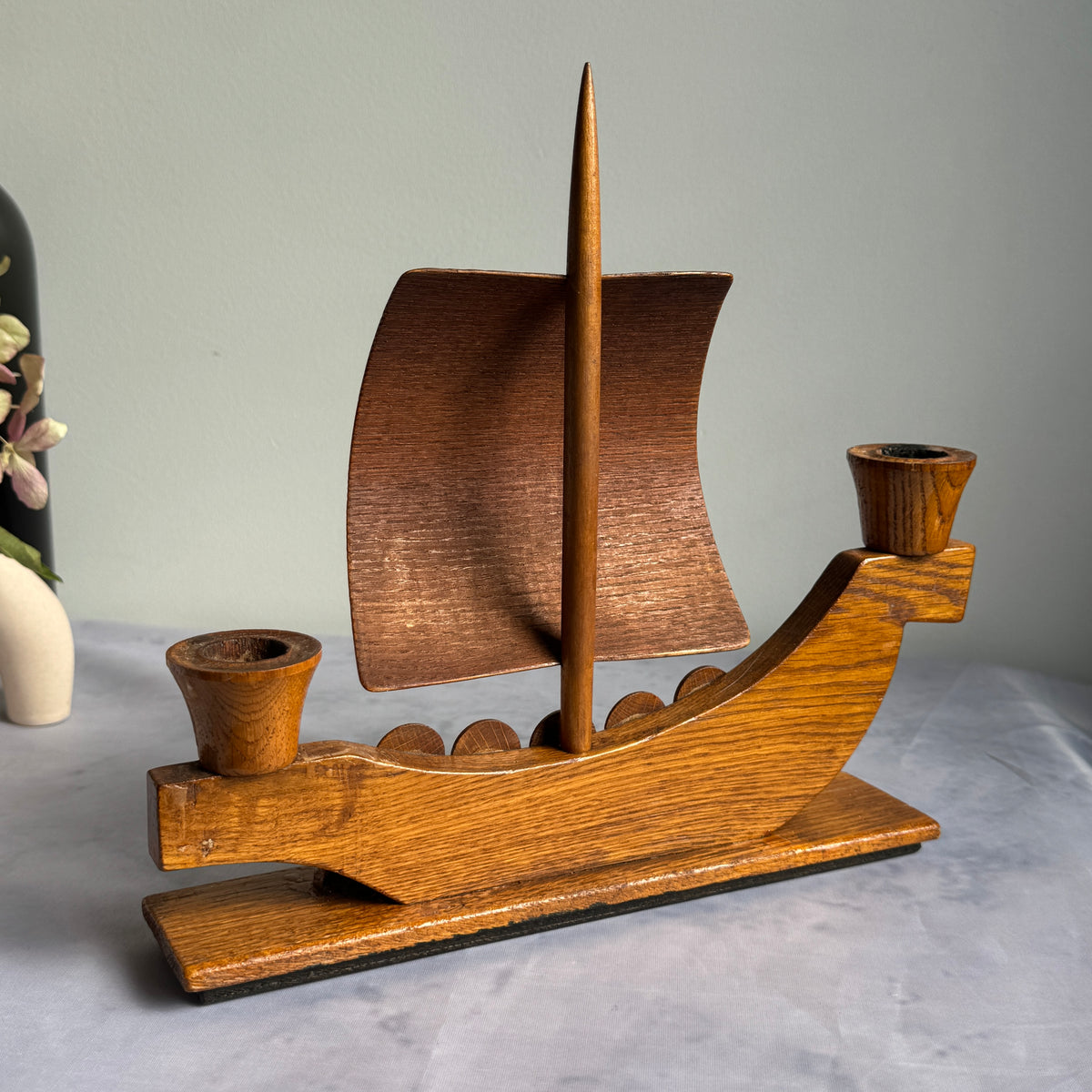 Viking ship candle holder, back view with mast and sail