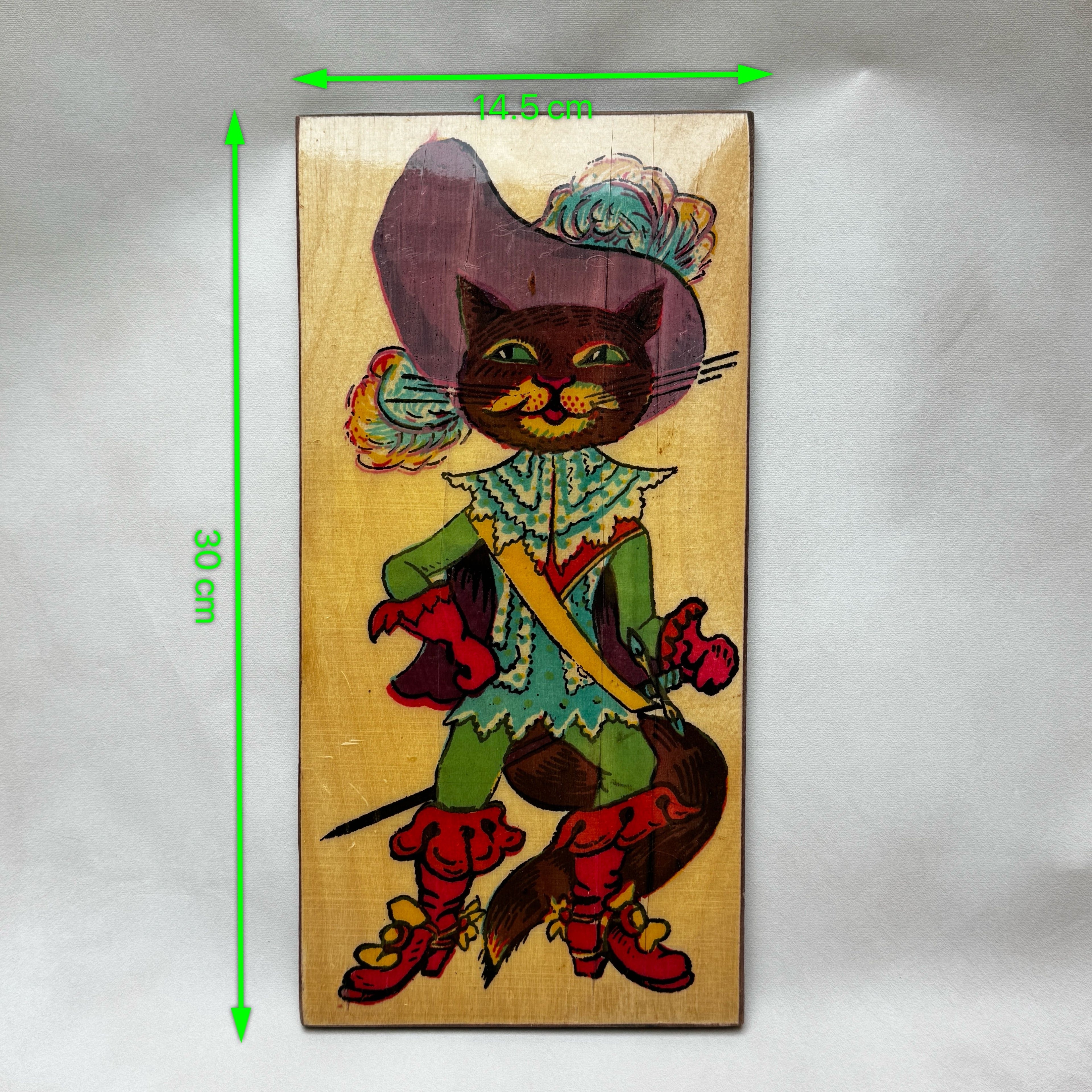 Puss in Boots Wooden Wall Plaque – Fairy Tale Cat Wall Art, 1960s