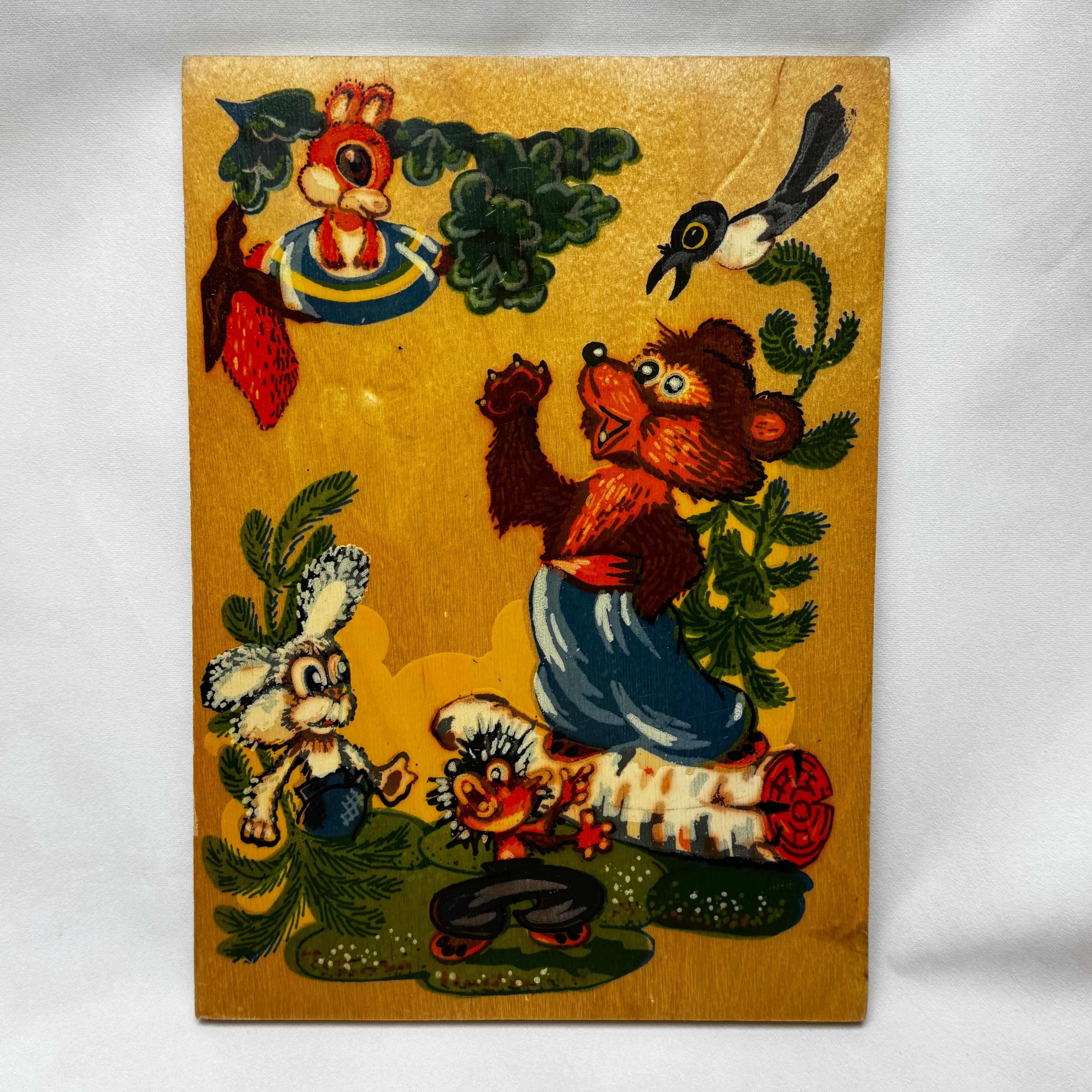 Soviet Wooden Wall Plaque "Mishka Khvastunishka" – 1970s USSR Nursery Decor