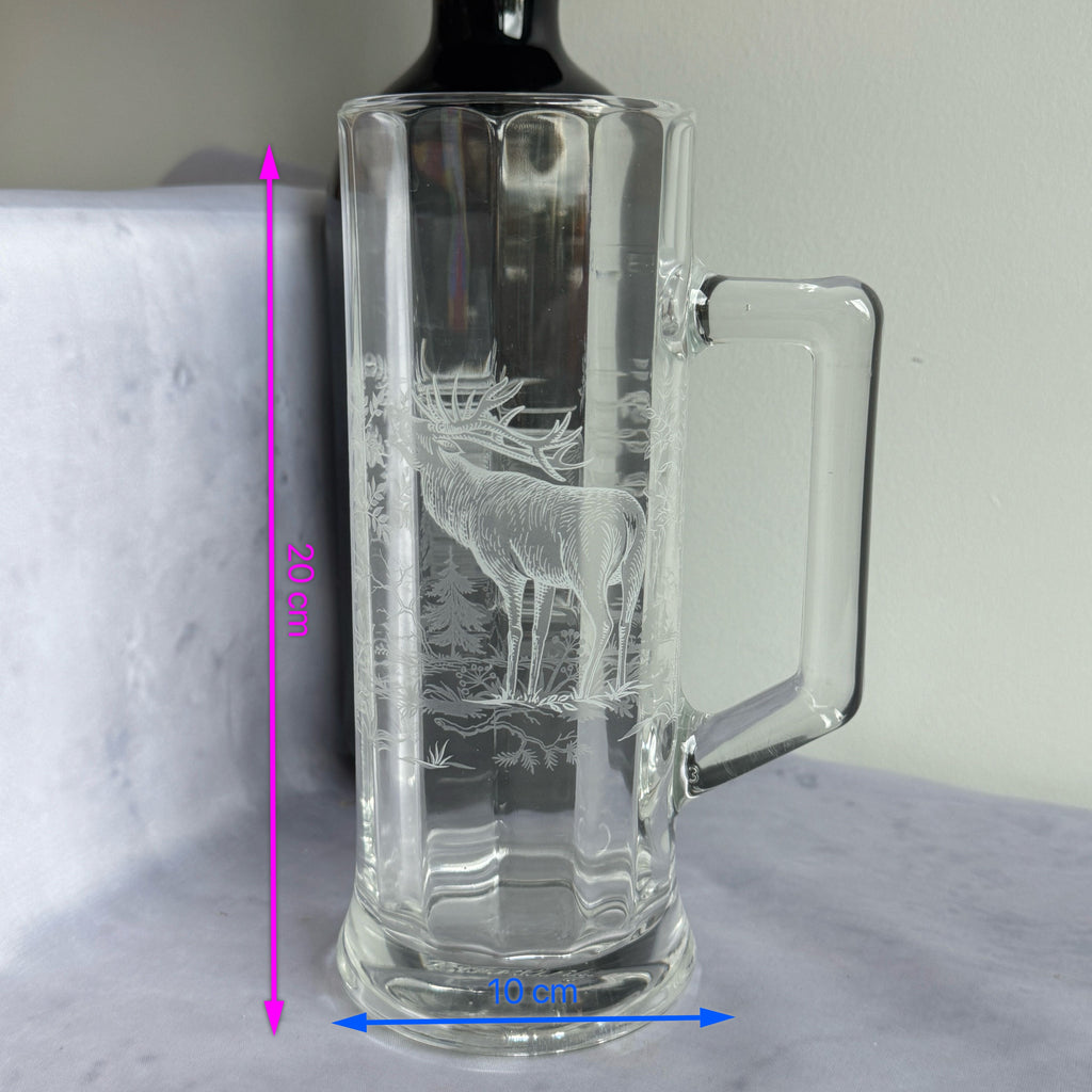 Etched Glass Beer Mug with Red Deer Stag – 0.5 L Hunting Stein, 20 cm
