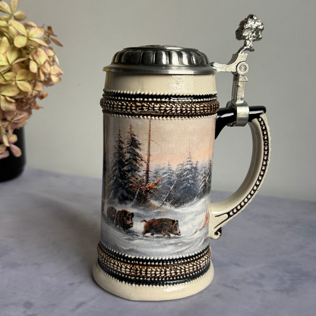 Domex German Ceramic Beer Stein – Wild Boars in Winter Forest, Pewter Lid