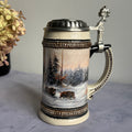 Domex German Ceramic Beer Stein – Wild Boars in Winter Forest, Pewter Lid