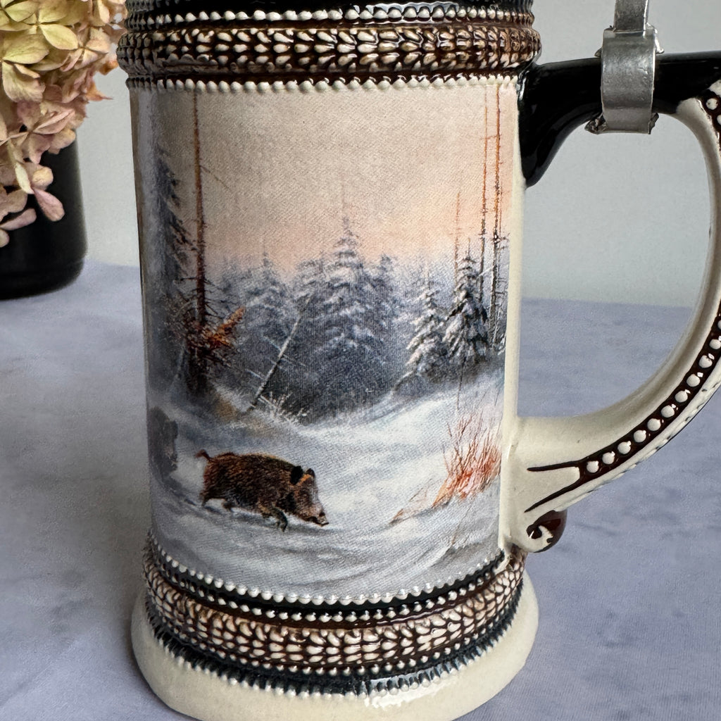 Domex German Ceramic Beer Stein – Wild Boars in Winter Forest, Pewter Lid