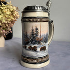 Domex German Ceramic Beer Stein – Wild Boars in Winter Forest, Pewter Lid