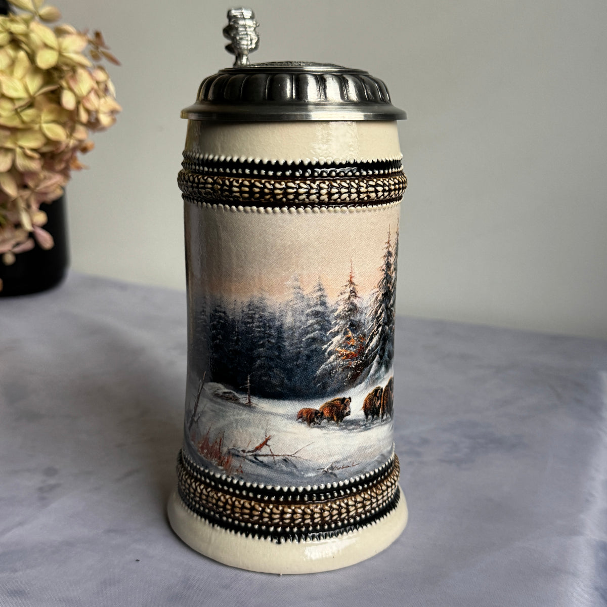 Domex German Ceramic Beer Stein – Wild Boars in Winter Forest, Pewter Lid