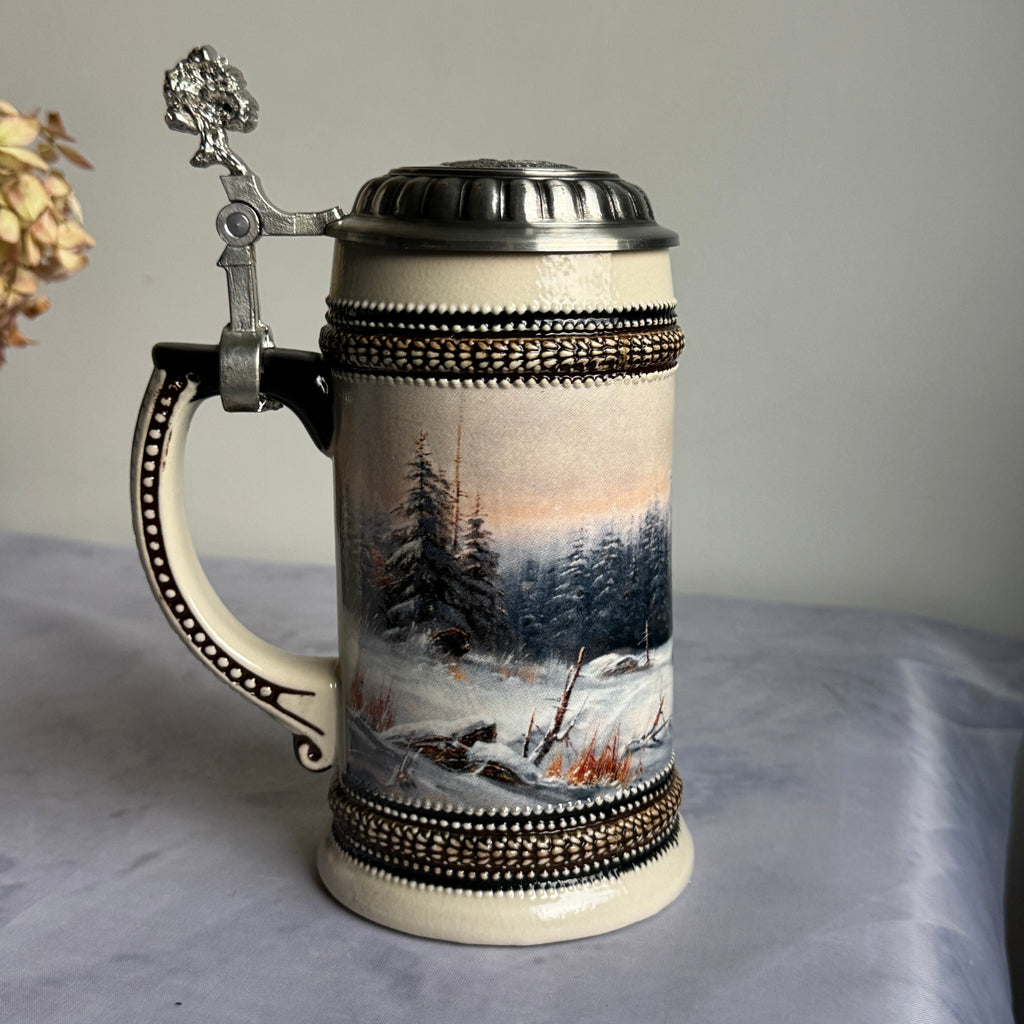 Domex German Ceramic Beer Stein – Wild Boars in Winter Forest, Pewter Lid