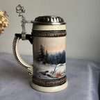 Domex German Ceramic Beer Stein – Wild Boars in Winter Forest, Pewter Lid