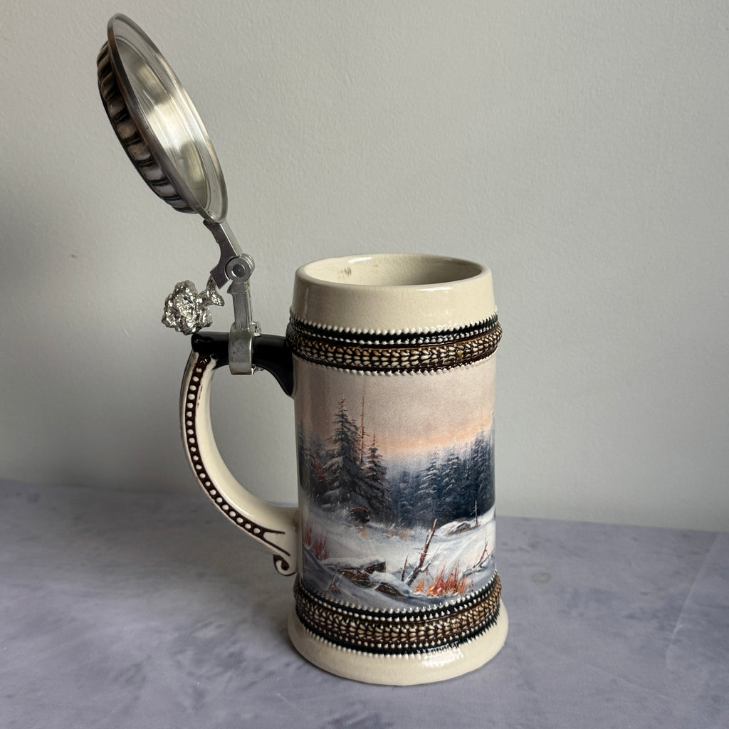 Domex German Ceramic Beer Stein – Wild Boars in Winter Forest, Pewter Lid