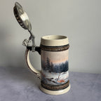 Domex German Ceramic Beer Stein – Wild Boars in Winter Forest, Pewter Lid