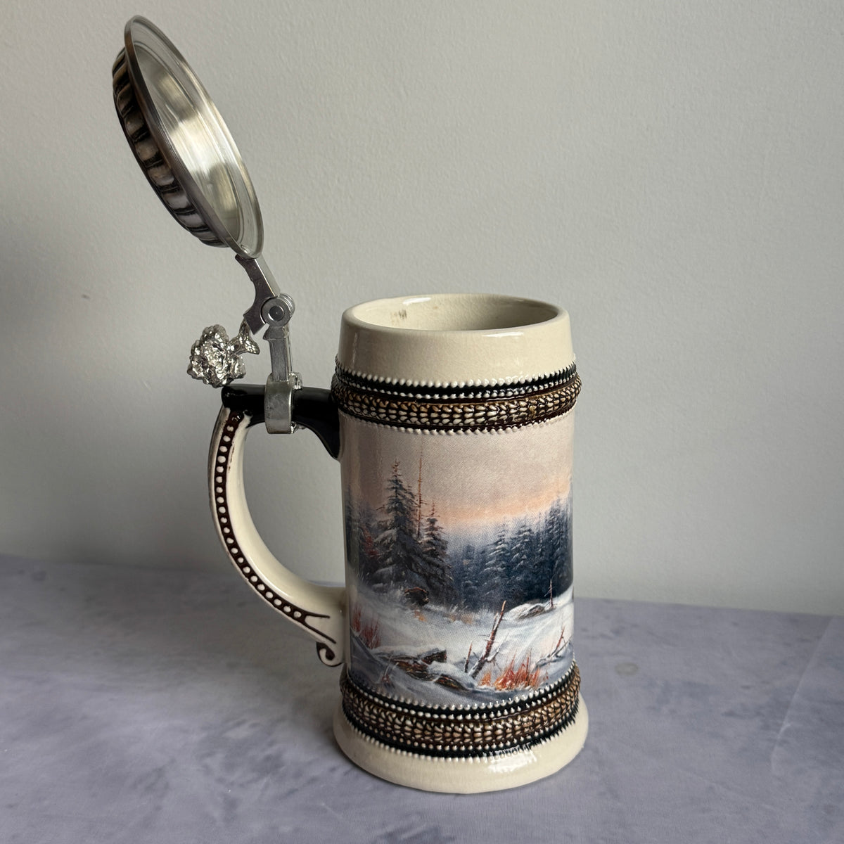 Domex German Ceramic Beer Stein – Wild Boars in Winter Forest, Pewter Lid