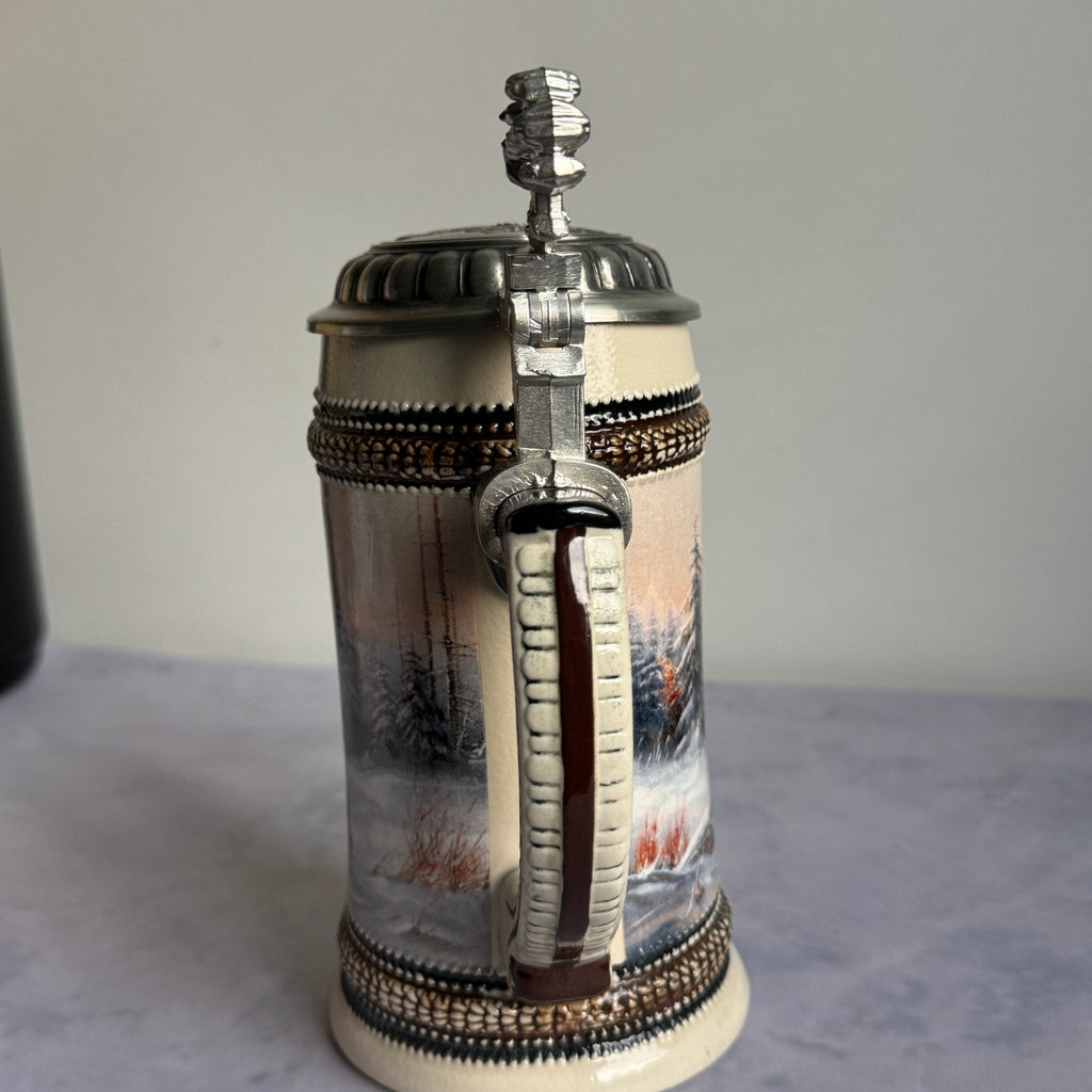 Domex German Ceramic Beer Stein – Wild Boars in Winter Forest, Pewter Lid