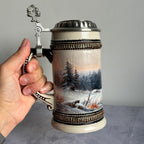 Domex German Ceramic Beer Stein – Wild Boars in Winter Forest, Pewter Lid