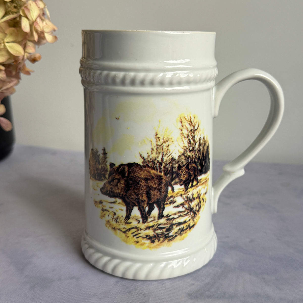 Porcelain Beer Mug with Lynx and Wild Boar – Hunting Scene Stein