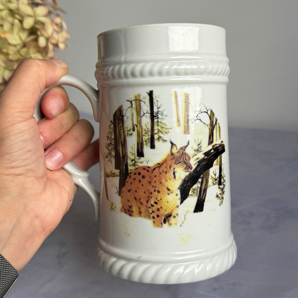 Porcelain Beer Mug with Lynx and Wild Boar – Hunting Scene Stein