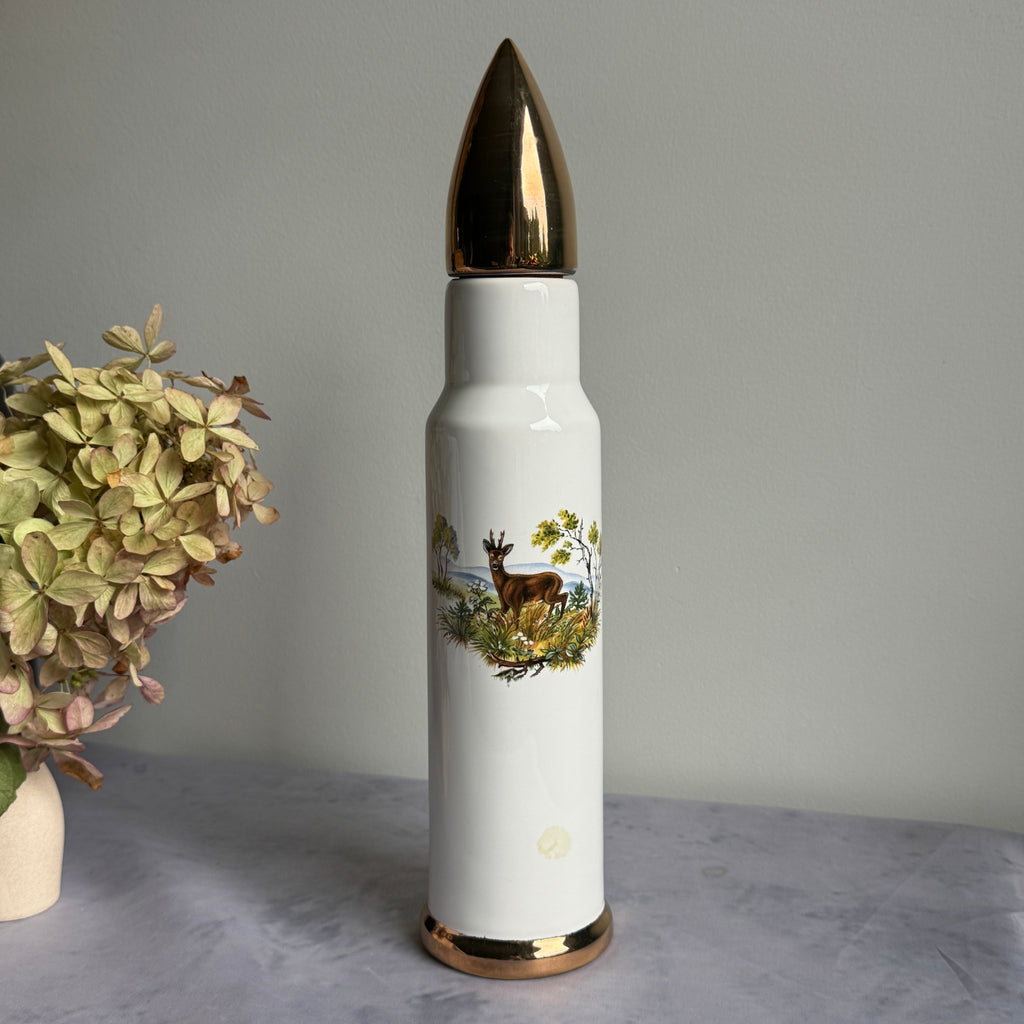 Bullet Shaped Ceramic Decanter with Roe Deer – Gold Tip Cork Stopper, 31 cm