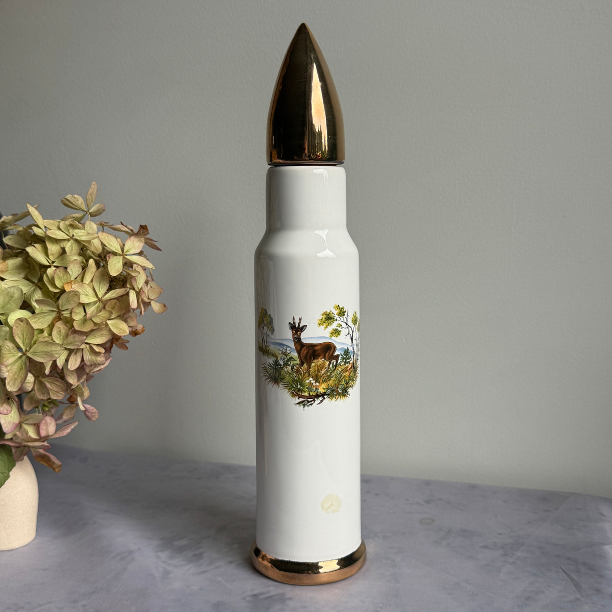 Bullet Shaped Ceramic Decanter with Roe Deer – Gold Tip Cork Stopper, 31 cm