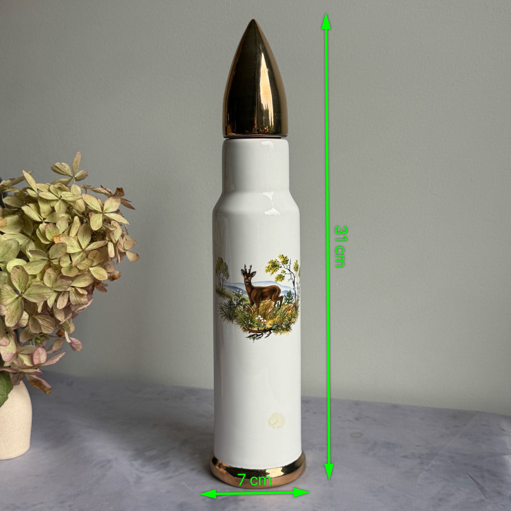 Bullet Shaped Ceramic Decanter with Roe Deer – Gold Tip Cork Stopper, 31 cm