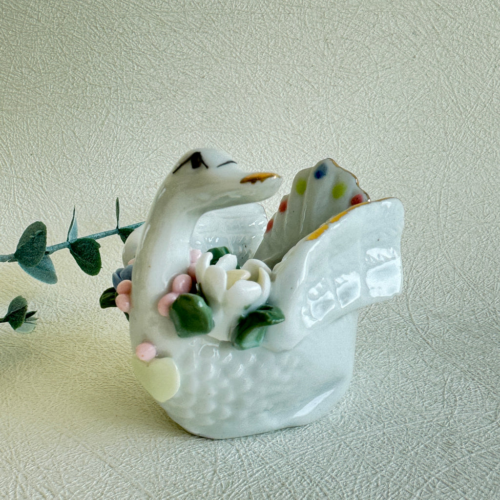 Swan Trinket Dish Porcelain Jewelry Holder Floral Decor