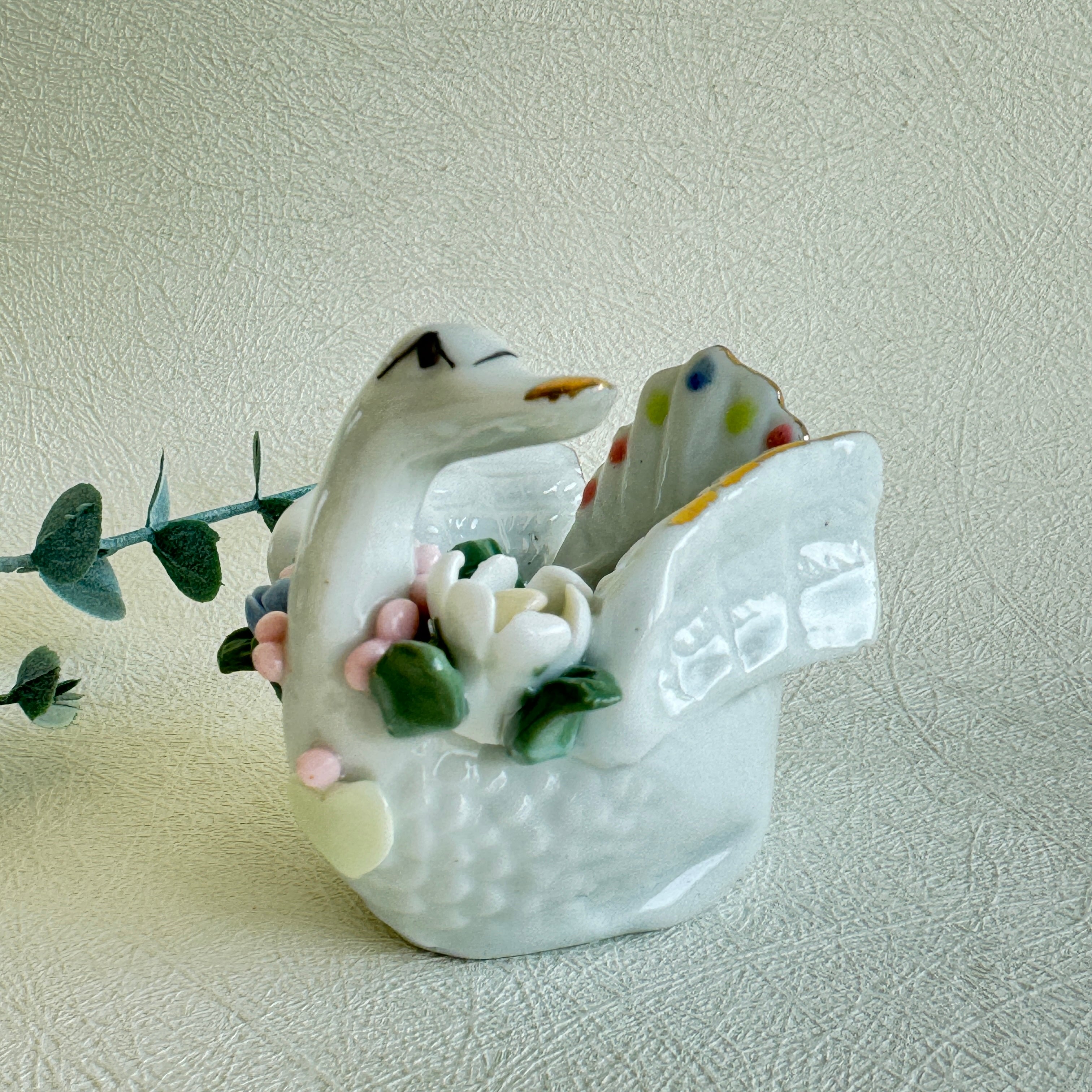 Swan Trinket Dish Porcelain Jewelry Holder Floral Decor