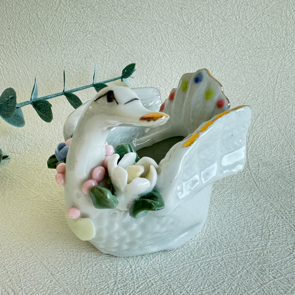 Swan Trinket Dish Porcelain Jewelry Holder Floral Decor