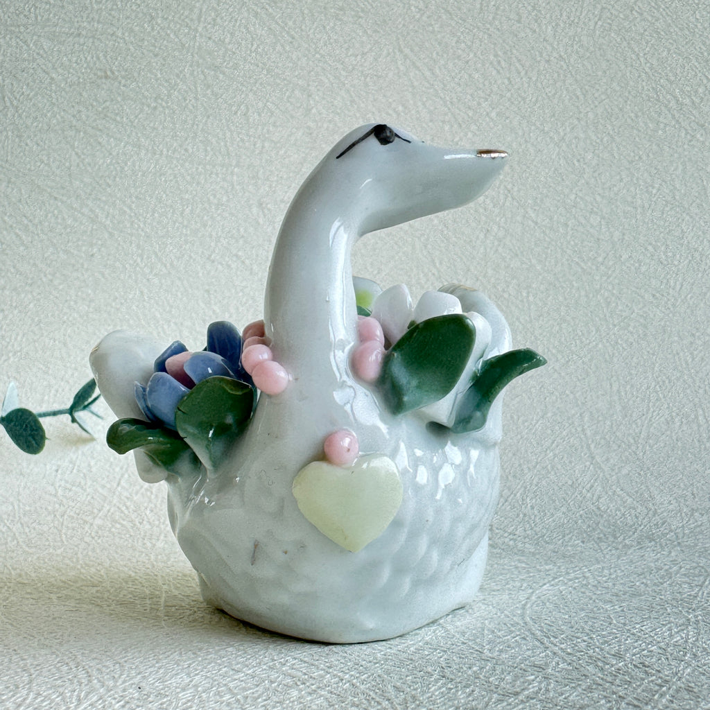 Swan Trinket Dish Porcelain Jewelry Holder Floral Decor