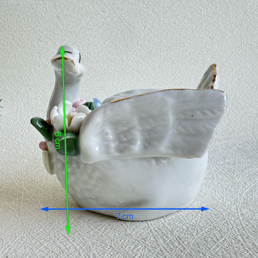 Swan Trinket Dish Porcelain Jewelry Holder Floral Decor