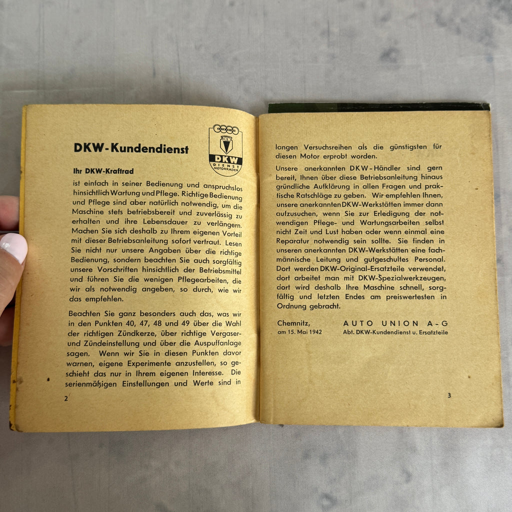 DKW Motorcycle Manual SB Models KS200 1942 Auto Union Germany Original