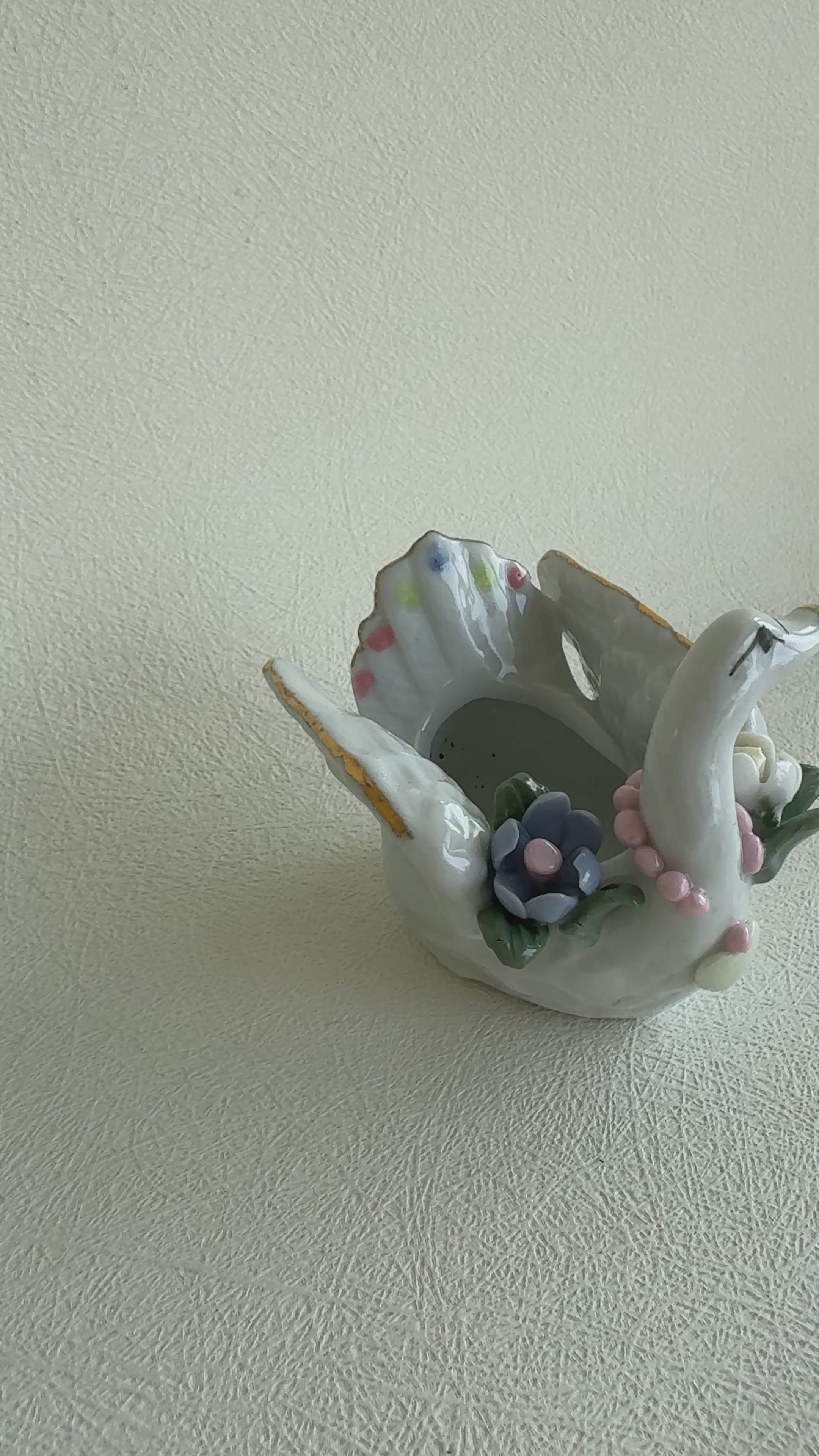Swan Trinket Dish Porcelain Jewelry Holder Floral Decor