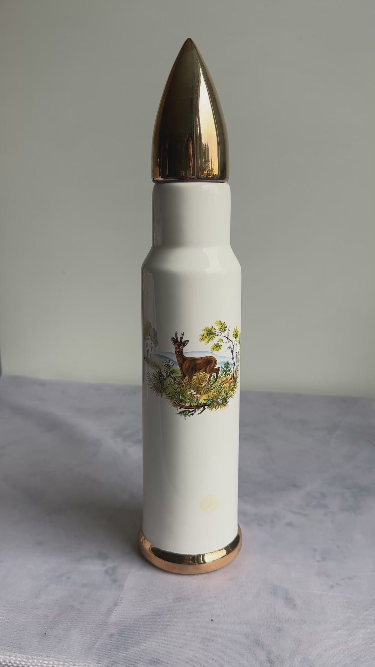 Bullet Shaped Ceramic Decanter with Roe Deer – Gold Tip Cork Stopper, 31 cm
