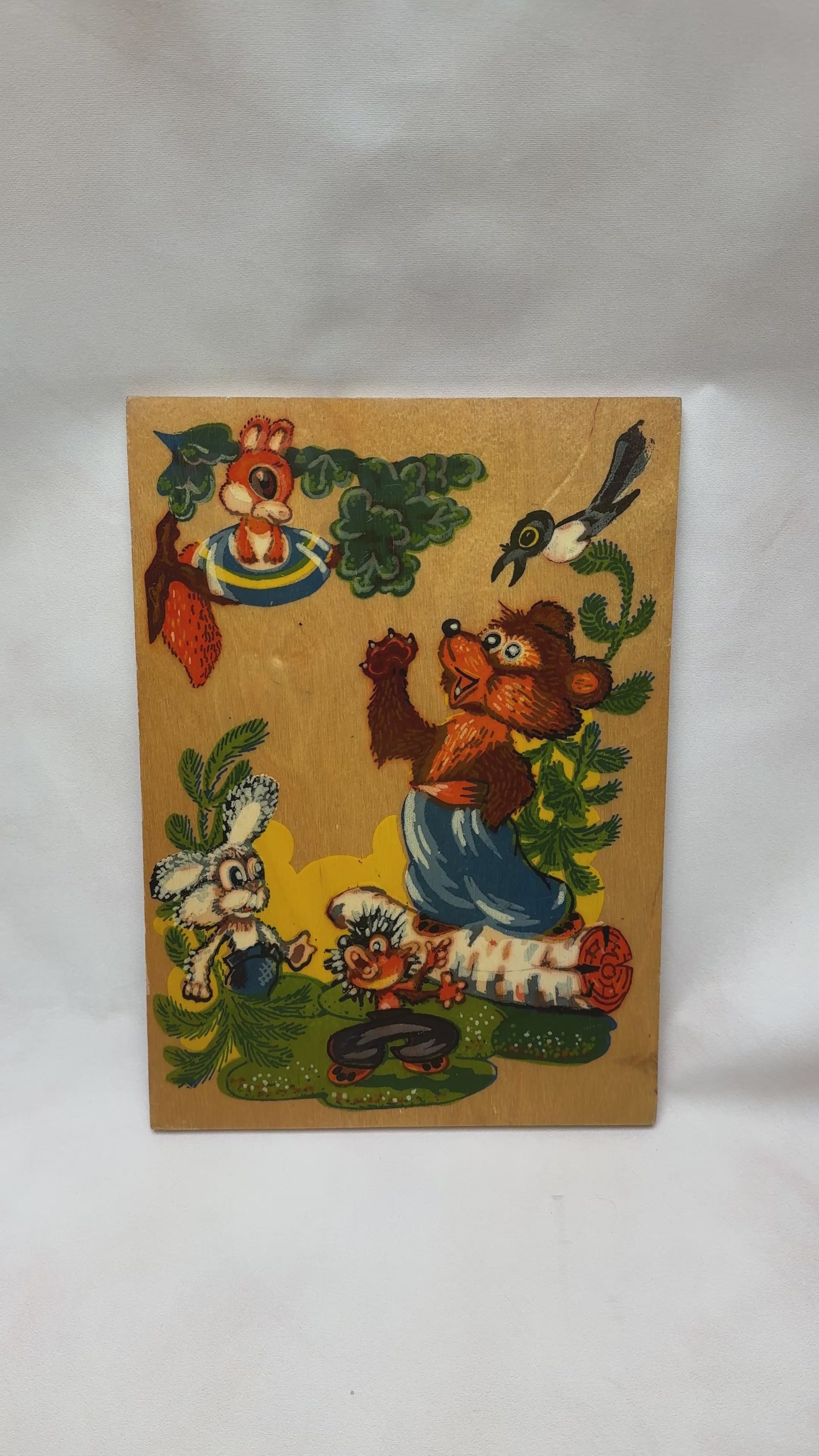 Soviet Wooden Wall Plaque "Mishka Khvastunishka" – 1970s USSR Nursery Decor