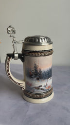 Domex German Ceramic Beer Stein – Wild Boars in Winter Forest, Pewter Lid