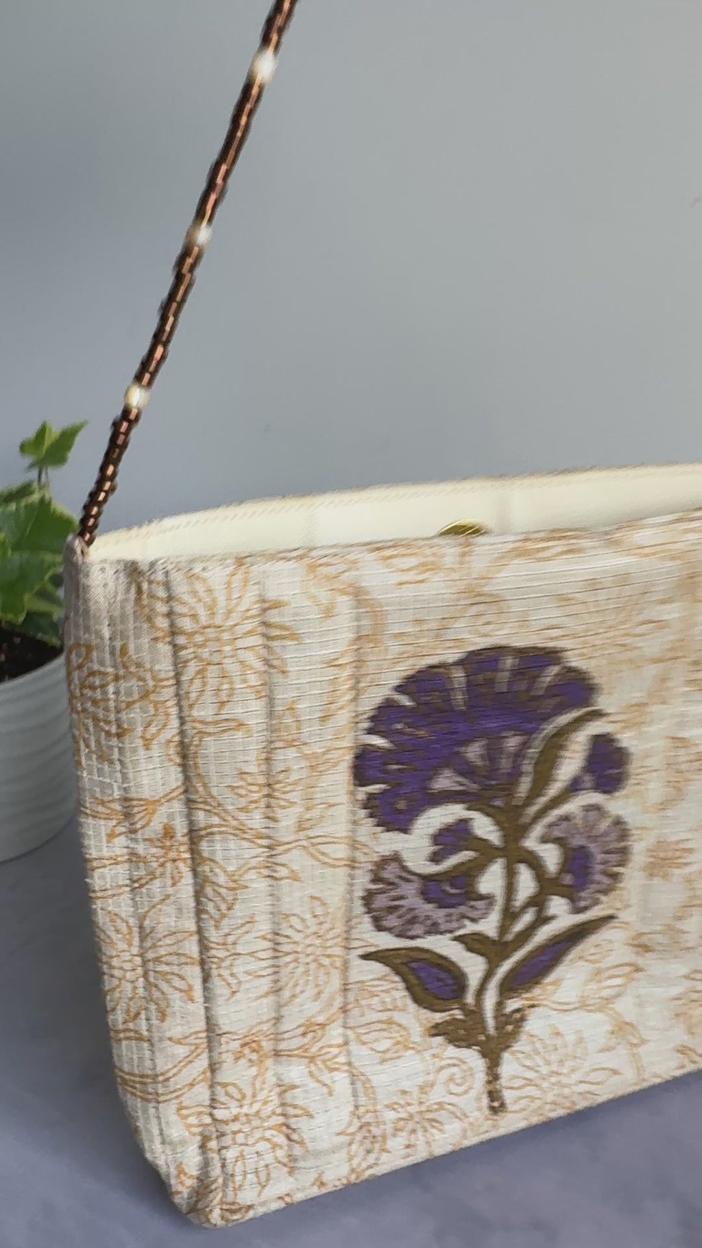 Floral Fabric Evening Bag Beaded Handle Cream Purple Small Handbag Retro Y2K Style Theater Bag